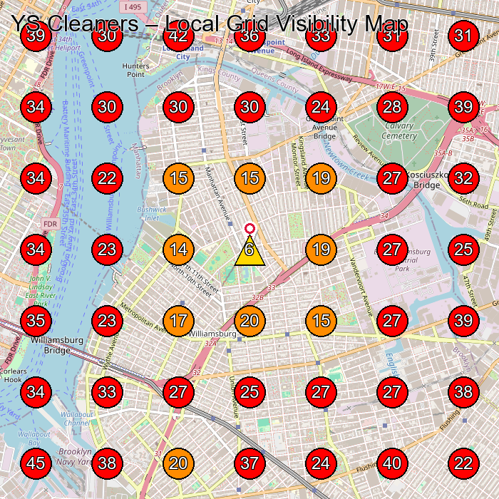 YS Cleaners GeoGrid visibility map for Upholstery Cleaning Service in Long Island City